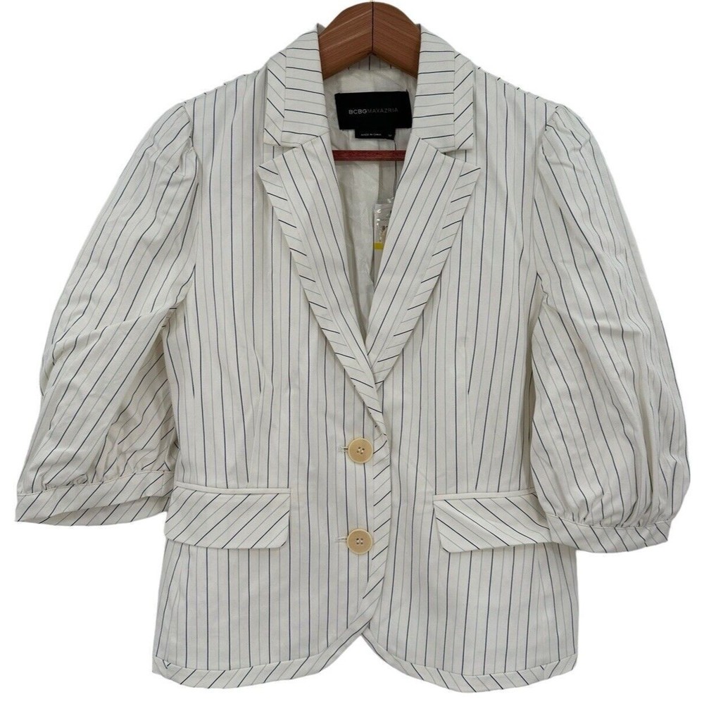 BCBG Blazer Medium Women's Nancy B Double Cotton White Stripe Puff Sleeve $238